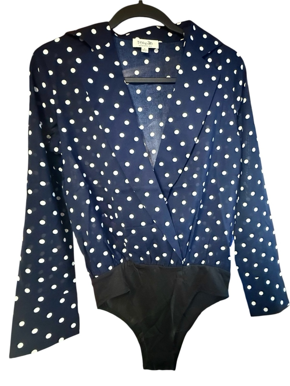 Tulip B Navy Polka Dot Wrap Style Bodysuit Semi-Sheer Retro Unique Vintage NWT